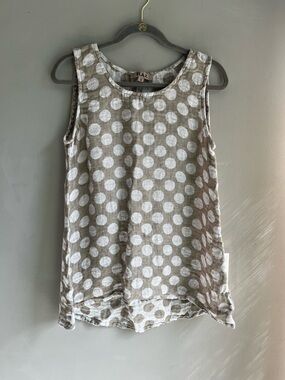 Flax Sleeveless Polka Dot Linen Tank - Olive and White Small
